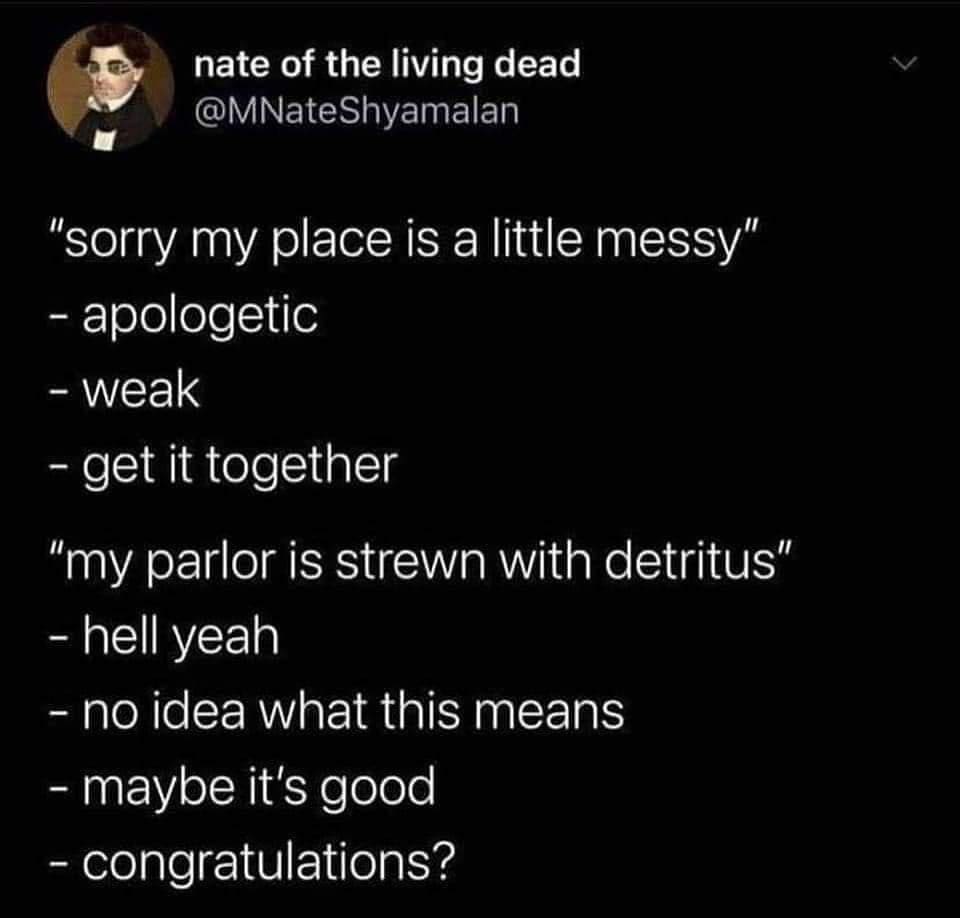 funny memes "sorry my place is a little messy" - apologetic - weak - get it together "my parlor is strewn with detritus" - hell yeah - no idea what this means - maybe it's good - congratulations?