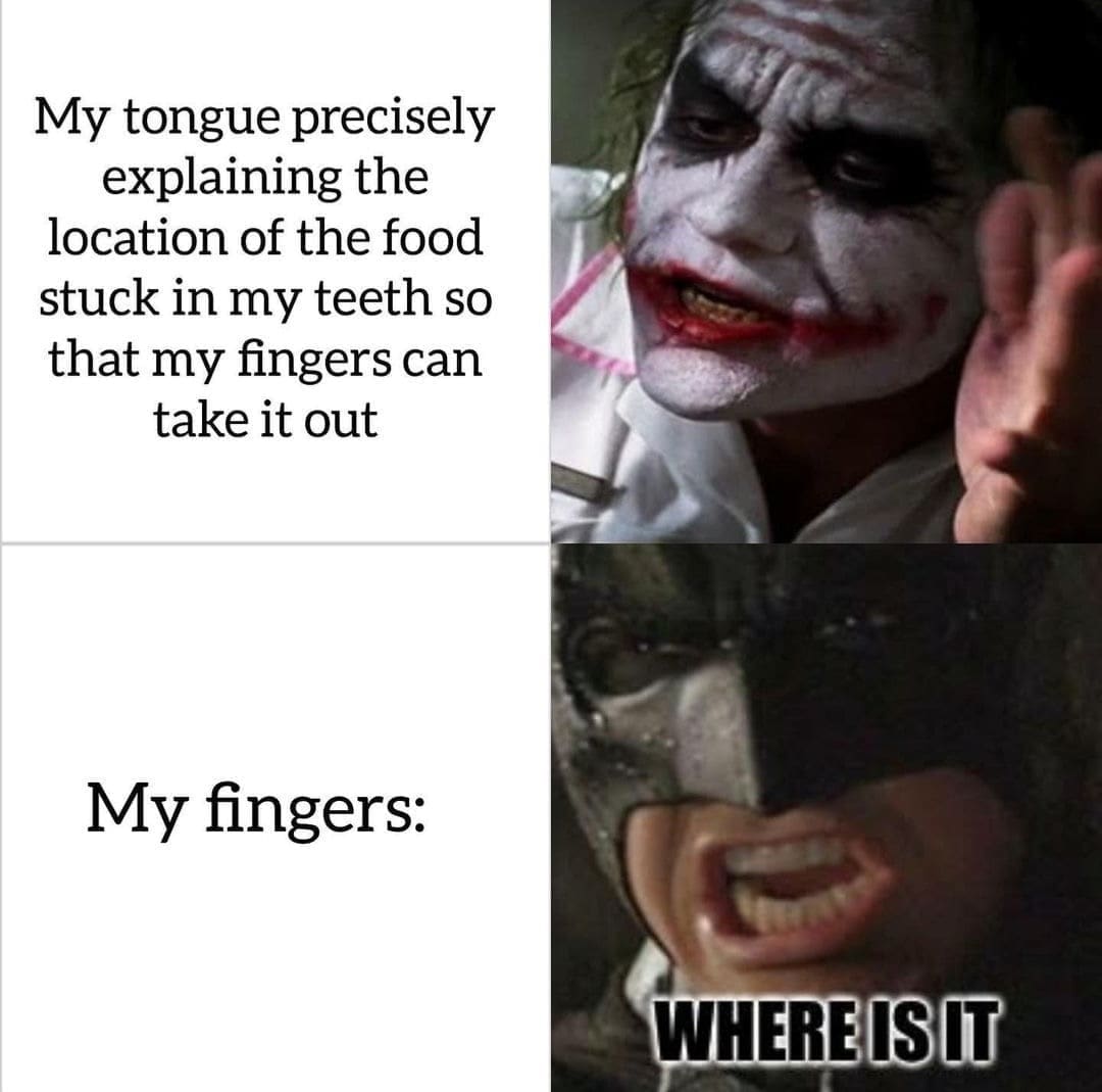 funny pics My tongue precisely explaining the location of the food stuck in my teeth so that my fingers can take it out My fingers: WHERE ISIT
