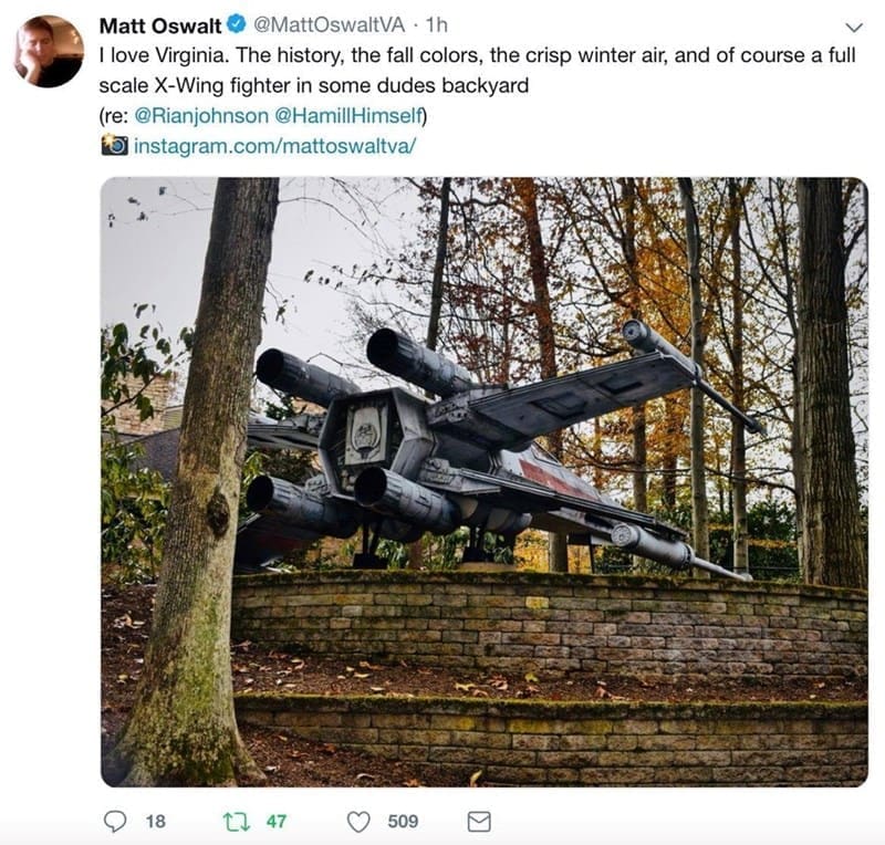 Sci-fi memes I love Virginia. The history, the fall colors, the crisp winter air, and of course a full scale X-Wing fighter in some dudes backyard
