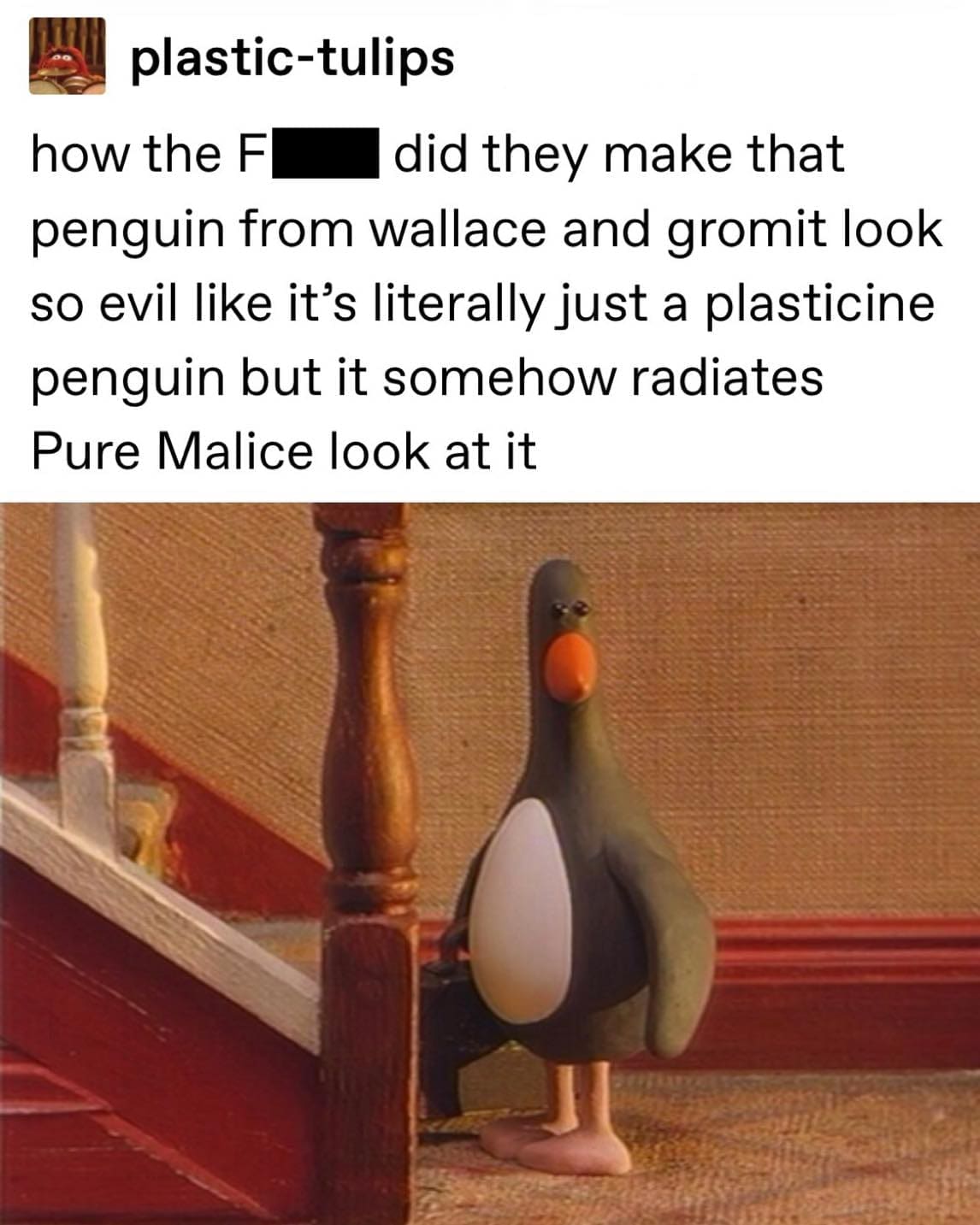 funny Tumblr posts how the F did they make that penguin from wallace and gromit look so evil like it's literally just a plasticine penguin but it somehow radiates Pure Malice look at it