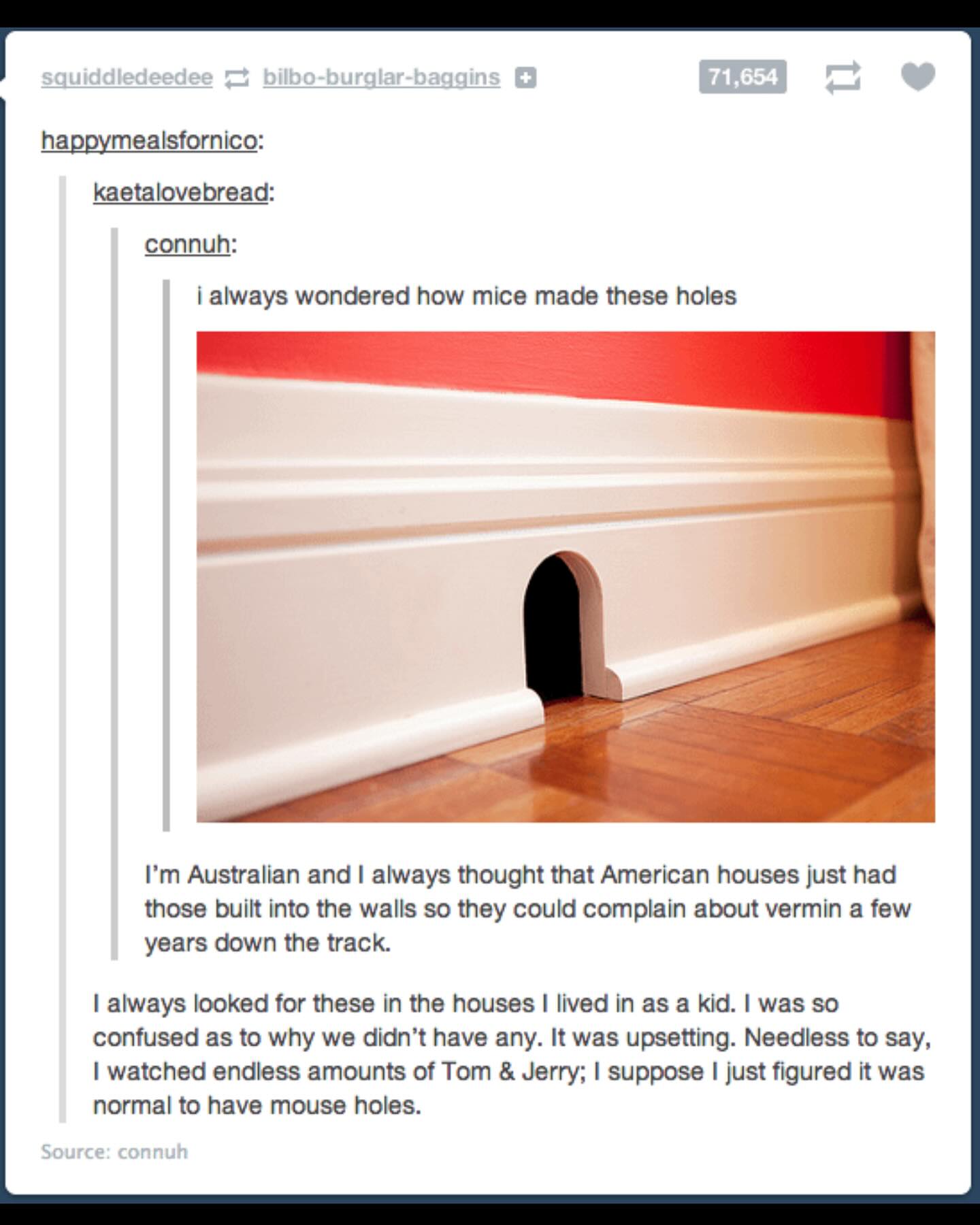 funny Tumblr posts i always wondered how mice made these holes I'm Australian and I always thought that American houses just had those built into the walls so they could complain about vermin a few years down the track. I always looked for these in the houses I lived in as a kid. I was so confused as to why we didn't have any. It was upsetting. Needless to say, I watched endless amounts of Tom & Jerry; I suppose I just figured it was normal to have mouse holes.