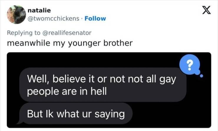 Gen Z Texting meanwhile my younger brother Well, believe it or not not all gay people are in hell But Ik what ur saying