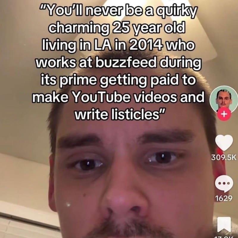 Posted cringe "You'll never be a quirky charming 25 year old living in LA in 2014 who works at buzzfeed during its prime getting paid to make YouTube videos and write listicles"