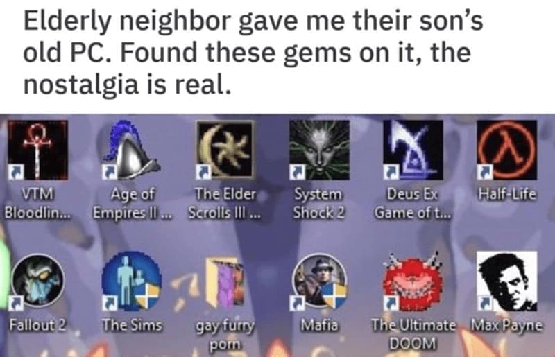 Retro gaming memes Elderly neighbor gave me their son's old PC. Found these gems on it, the nostalgia is real. VTM Age of Bloodlin... Empires Il... Fallout 2 The Sims The Elder Scrolls III ... gay furry pom System Shock 2 Mafia Deus Ex Game of t... The Ultimate DOOM