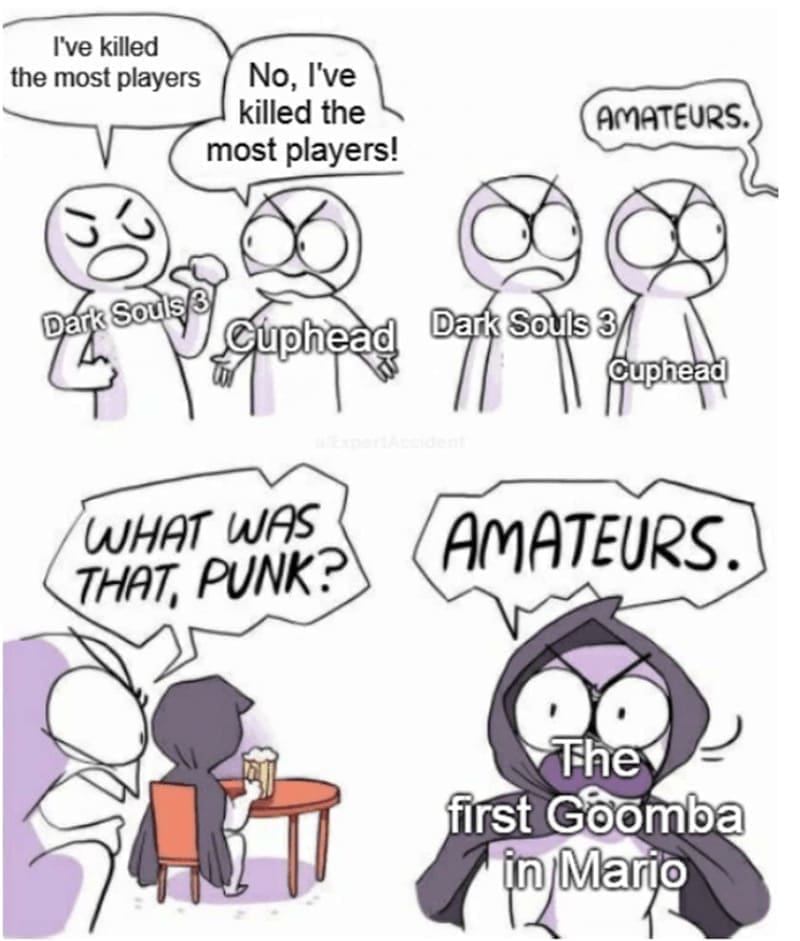 Retro gaming memes I've killed the most players No, I've killed the most players! Dark Souls 3 Cuphead WHAT WAS THAT, PUNK? AMATEURS. Dark Souls 3 Cuphead AMATEURS.