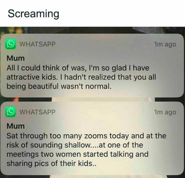 British humor Mum All I could think of was, l'm so glad I have attractive kids. I hadn't realized that you all being beautiful wasn't normal. Mum Sat through too many zooms today and at the risk of sounding shallow....at one of the meetings two women started talking and sharing pics of their kids..