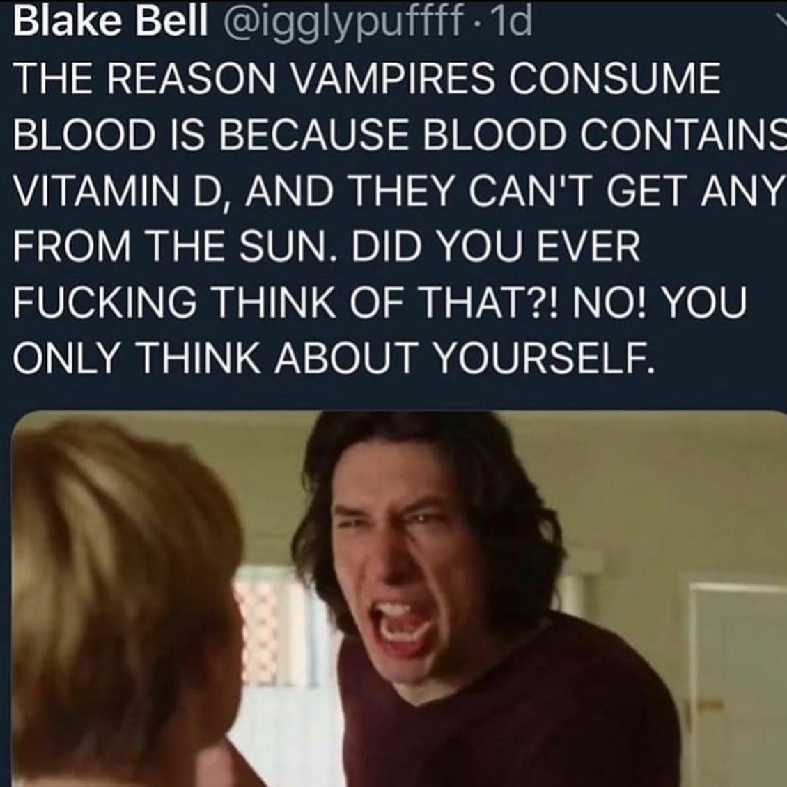 funny memes THE REASON VAMPIRES CONSUME BLOOD IS BECAUSE BLOOD CONTAINS VITAMIN D, AND THEY CAN'T GET ANY FROM THE SUN. DID
