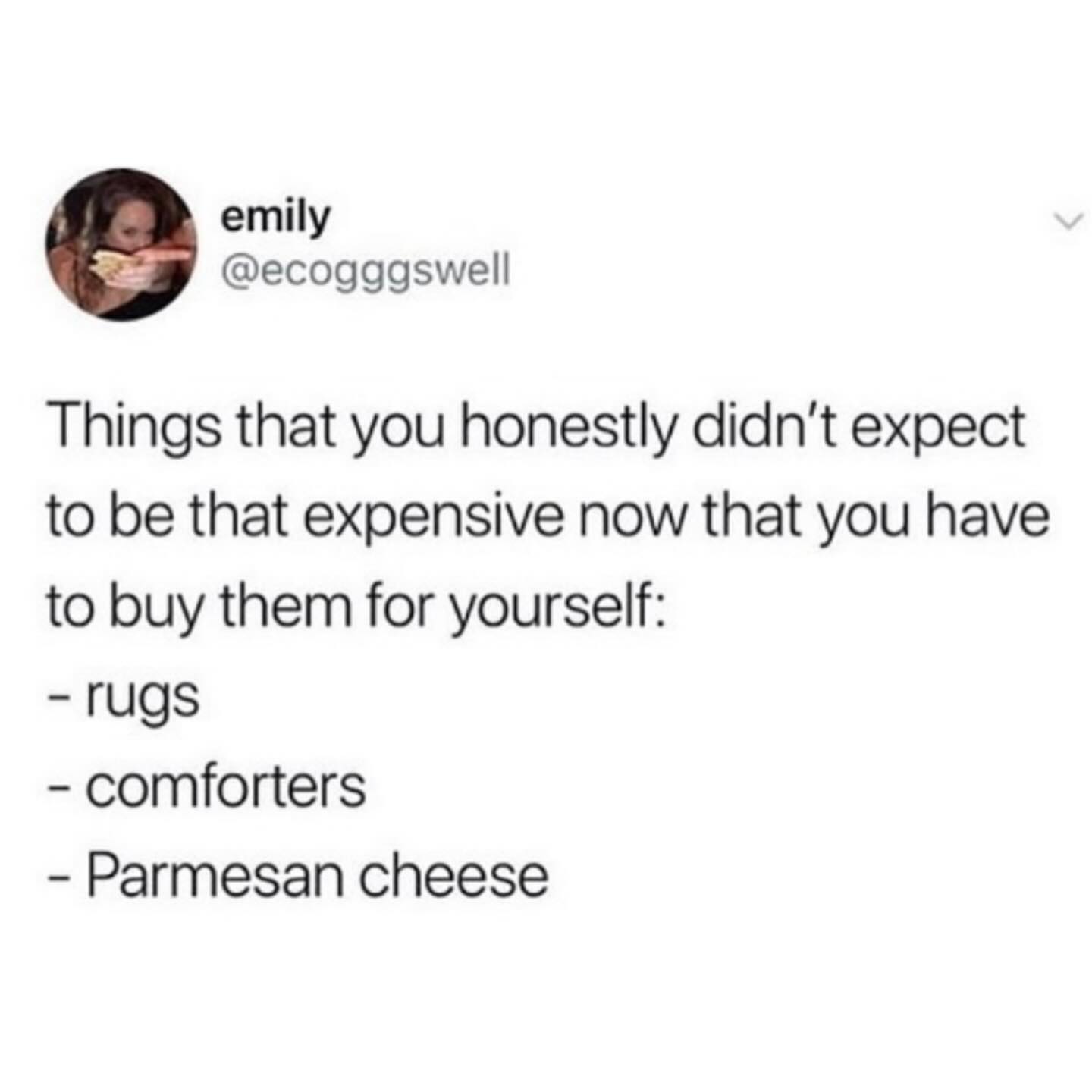 funny memes Things that you honestly didn't expect to be that expensive now that you have to buy them for yourself: - rugs - comforters - Parmesan cheese