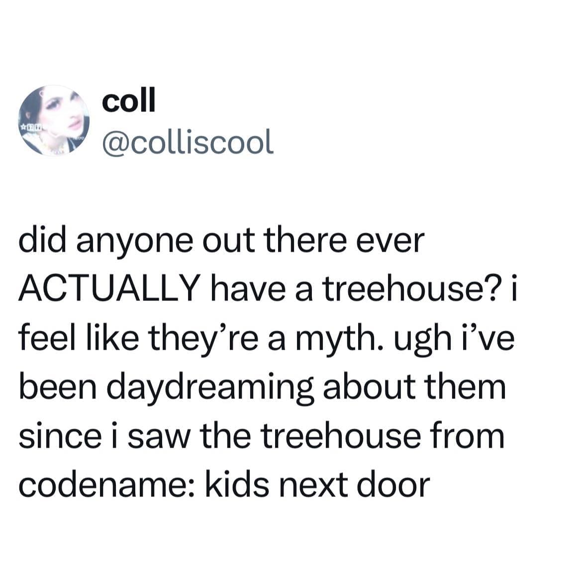 funny memes did anyone out there ever ACTUALLY have a treehouse? і feel like they're a myth. ugh i've been daydreaming about them since i saw the treehouse from codename: kids next door