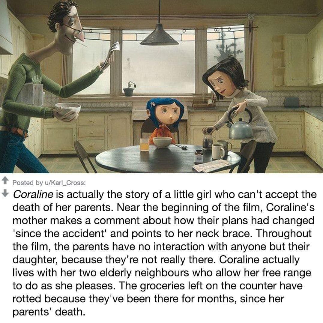 funny memes Coraline is actually the story of a little girl who can't accept the death of her parents. Near the beginning of the film, Coraline's mother makes a comment about how their plans had changed 'since the accident' and points to her neck brace. Throughout the film, the parents have no interaction with anyone but their daughter, because they're not really there. Coraline actually lives with her two elderly neighbours who allow her free range to do as she pleases. The groceries left on the counter have rotted because they've been there for months, since her parents' death.