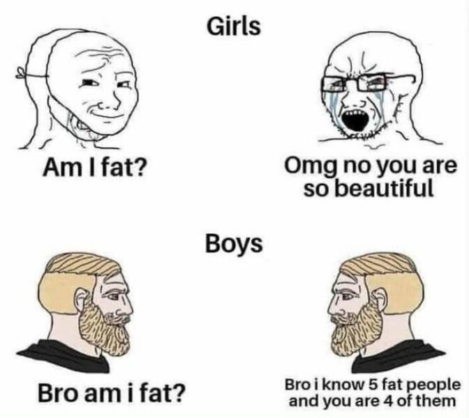 funny memes Girls Am I fat? Omg no you are so beautiful Boys Bro am i fat? Bro i know 5 fat people and you are 4 of them