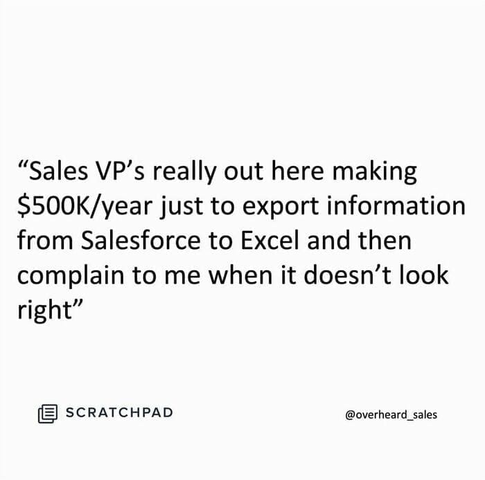 Overheard Sales Conversations "Sales VP's really out here making $500K/year just to export information from Salesforce to Excel and then complain to me when it doesn't look right"