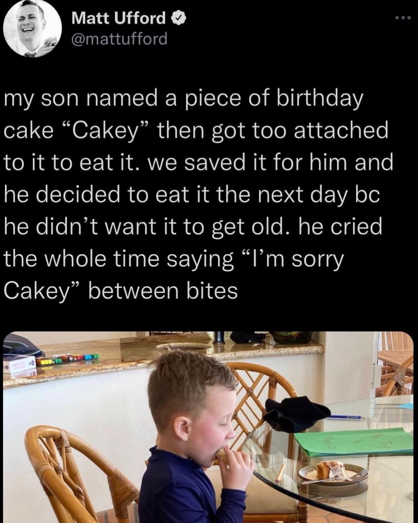 funny memes my son named a piece of birthday cake "Cakey" then got too attached to it to eat it. we saved it for him and he decided to eat it the next day bc he didn't want it to get old. he cried the whole time saying "I'm sorry Cakey" between bites