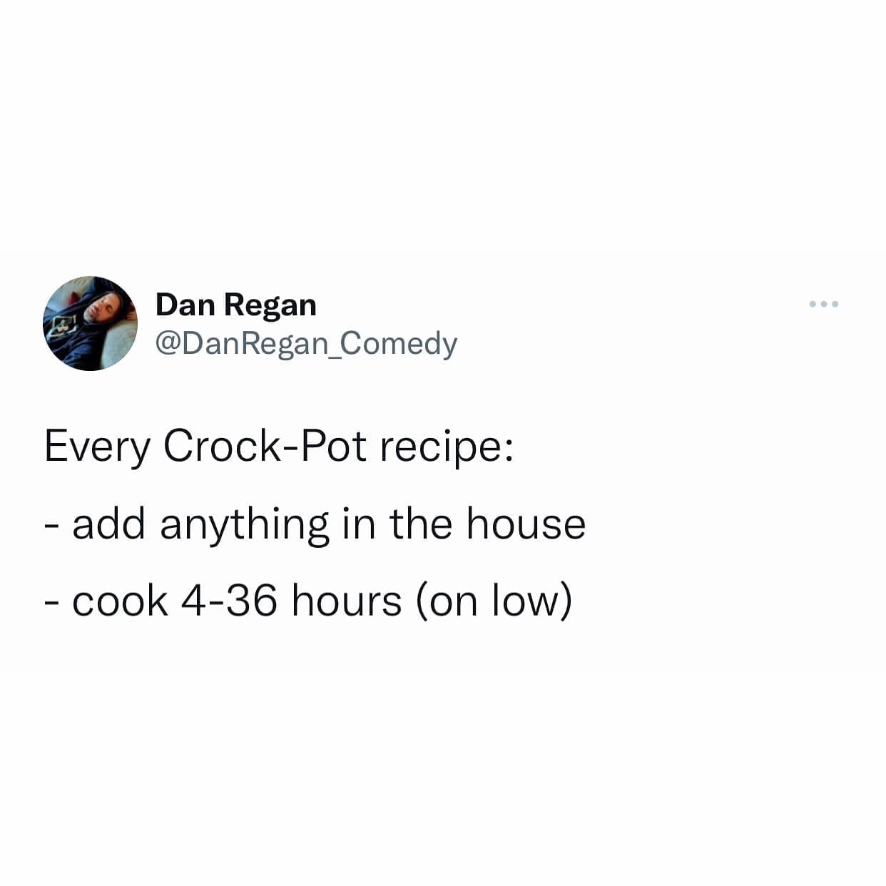 funny pics @DanRegan_Comedy Every Crock-Pot recipe: - add anything in the house - cook 4-36 hours (on low)