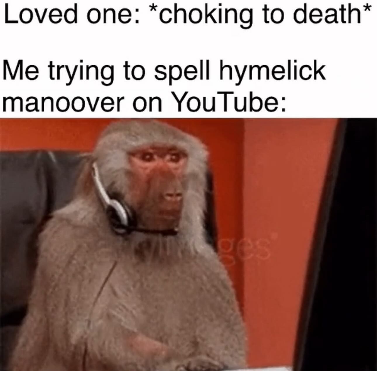 funny pics Loved one: *choking to death* Me trying to spell hymelick manoover on YouTube:
