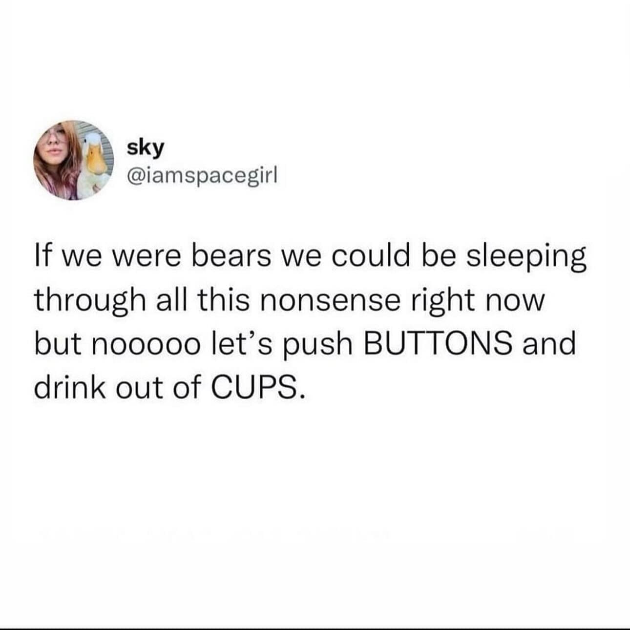 funny pics If we were bears we could be sleeping through all this nonsense right now but nooooo let's push BUTTONS and drink out of CUPS.