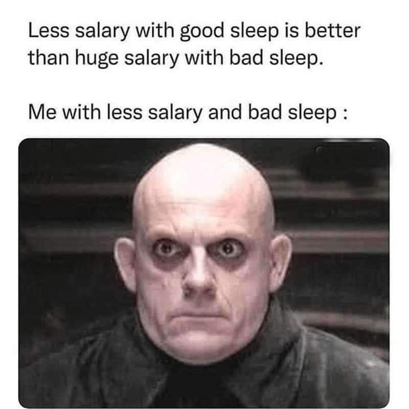 funny memes Less salary with good sleep is better than huge salary with bad sleep. Me with less salary and bad sleep
