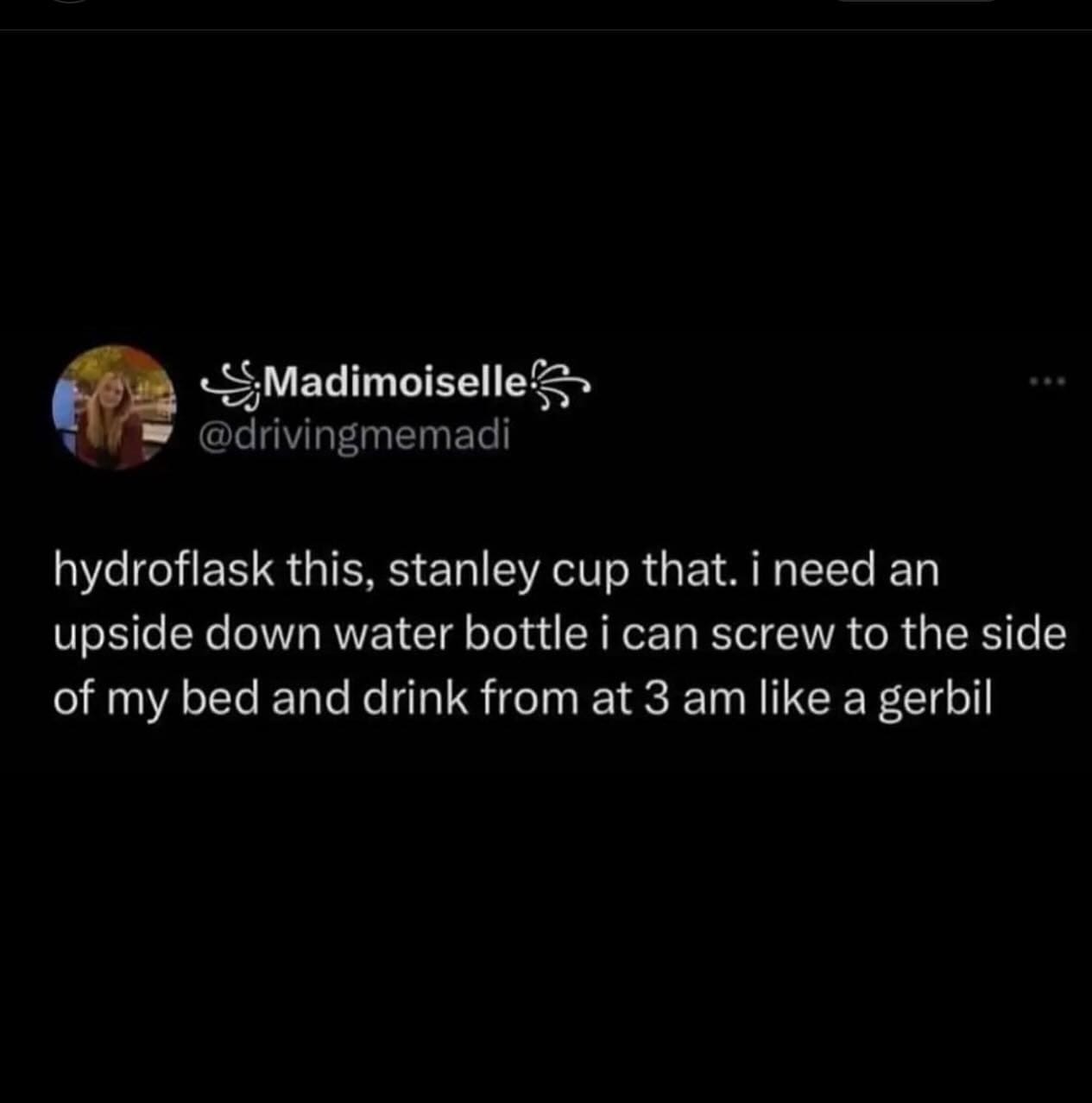 funny pics hydroflask this, stanley cup that. i need an upside down water bottle i can screw to the side of my bed and drink from at 3 am like a gerbil