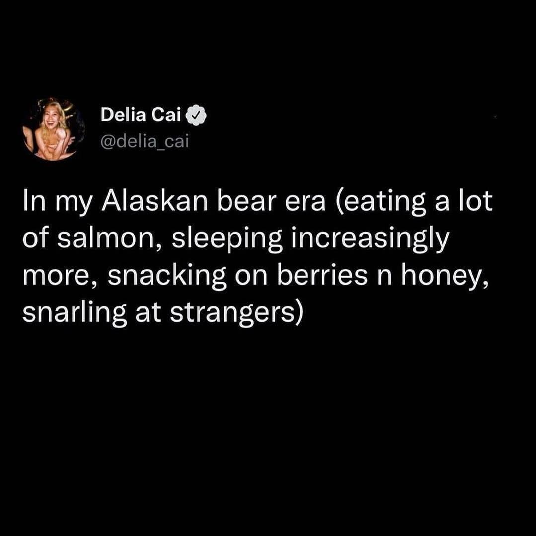 funny pics In my Alaskan bear era (eating a lot of salmon, sleeping increasingly more, snacking on berries n honey, snarling at strangers)