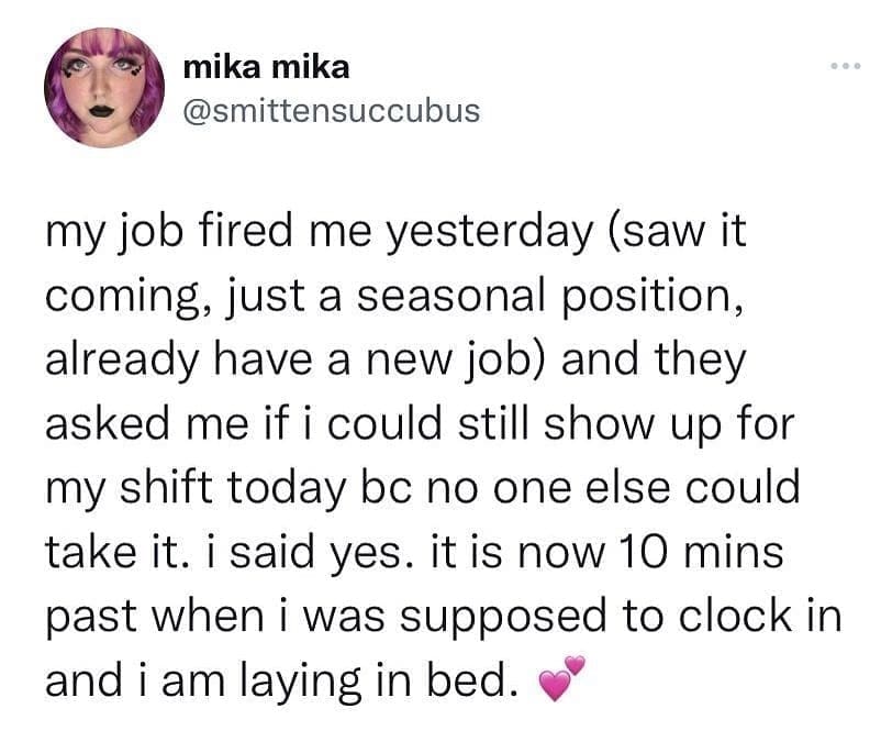 funny pics my job fired me yesterday (saw it coming, just a seasonal position, already have a new job) and they asked me if i could still show up for my shift today bc no one else could take it. i said yes. it is now 10 mins past when i was supposed to clock in and i am laying in bed.