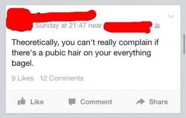 funny pics Theoretically, you can't really complain if there's a hair on your everything bagel.