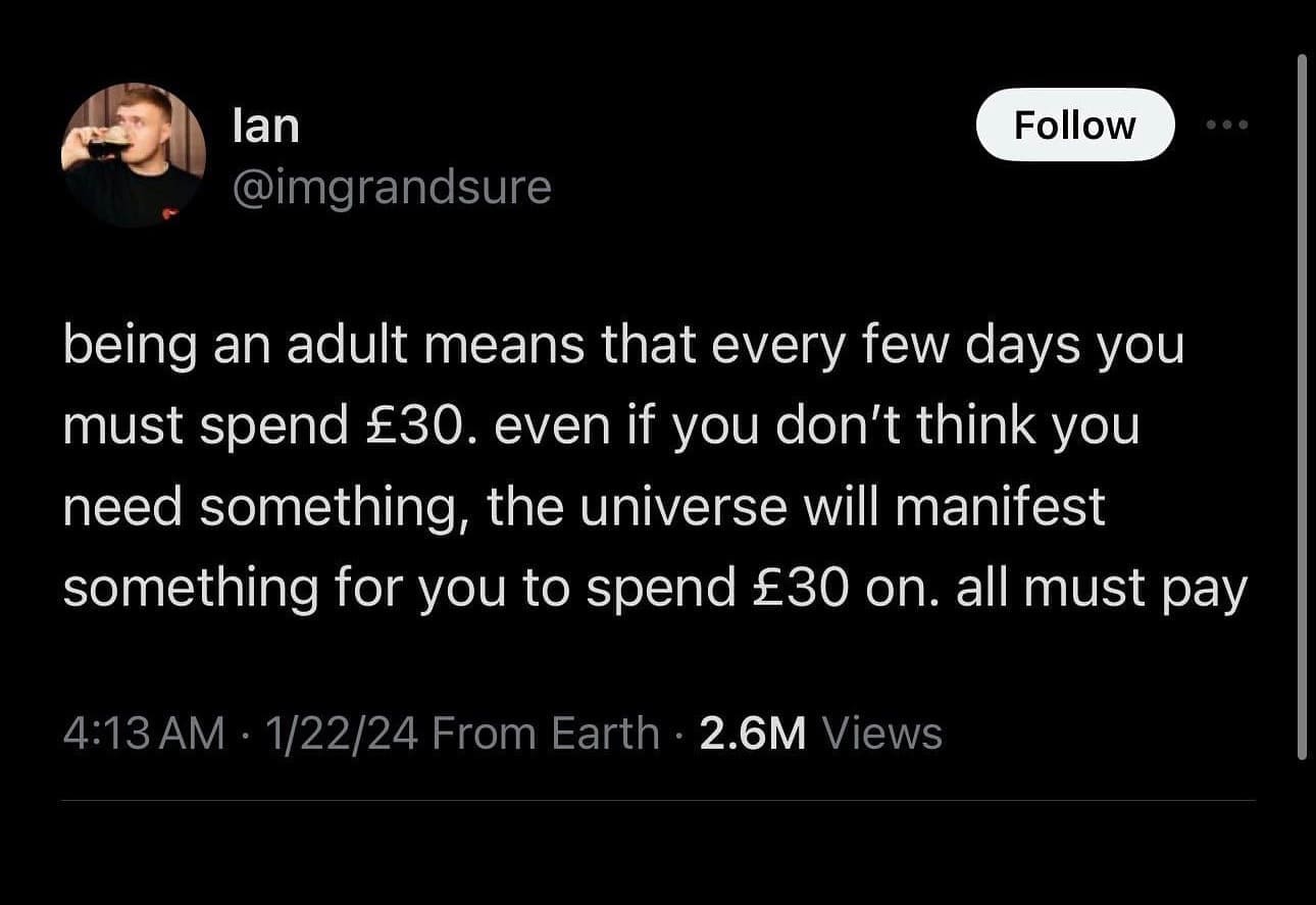 funny memes being an adult means that every few days you must spend £30. even if you don't think you need something, the universe will manifest something for you to spend £30 on. all must pay