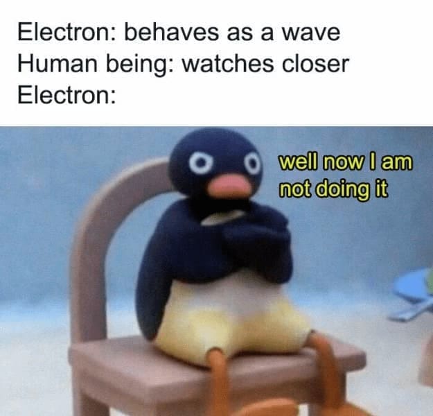 Science memes Electron: behaves as a wave Human being: watches closer Electron: well now I am not doing it
