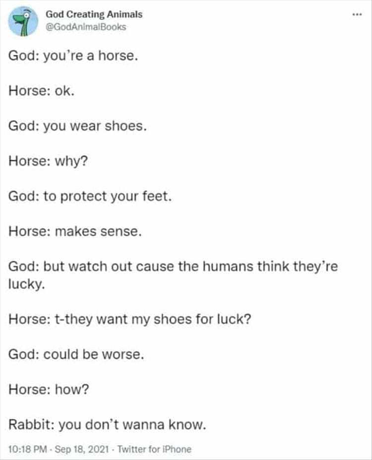 God Creating Animals God: you're a horse. Horse: ok. God: you wear shoes. Horse: why? God: to protect your feet. Horse: makes sense. God: but watch out cause the humans think they're lucky. Horse: t-they want my shoes for luck? God: could be worse. Horse: how? Rabbit: you don't wanna know.