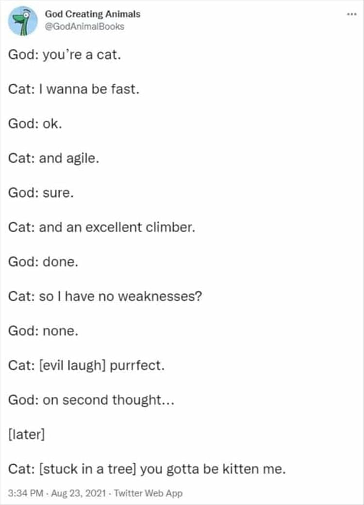 God Creating Animals God: you're a cat. Cat: I wanna be fast. God: ok. Cat: and agile. God: sure. Cat: and an excellent climber. God: done. Cat: so I have no weaknesses? God: none. Cat: [evil laugh] purrfect. God: on second thought... [later] Cat: [stuck in a tree] you gotta be kitten me.