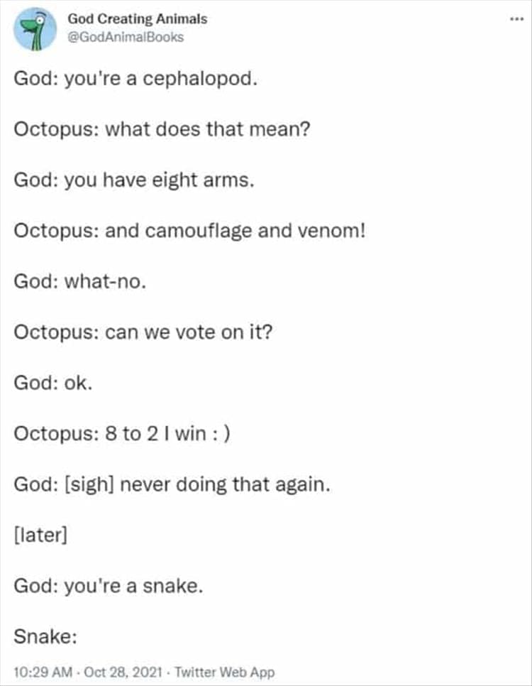 God Creating Animals God: you're a cephalopod. Octopus: what does that mean? God: you have eight arms. Octopus: and camouflage and venom! God: what-no. Octopus: can we vote on it? God: ok. Octopus: 8 to 2 | win: ) God: [sigh] never doing that again. [later] God: you're a snake. Snake: