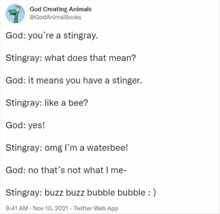 God Creating Animals God: you're a stingray. Stingray: what does that mean? God: it means you have a stinger. Stingray: like a bee? God: yes! Stingray: omg I'm a waterbee! God: no that's not what I me- Stingray: buzz buzz bubble bubble :)