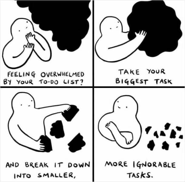 grad school memes FEELING OVERWHELMED BY YOUR TO-DO LIST? AND BREAK IT DOWN INTO SMALLER, TAKE YOUR BIGGEST TASK MORE IGNORABLE TASKS.