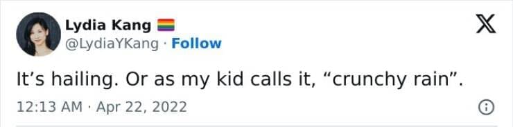 Kids naming things It's hailing. Or as my kid calls it, "crunchy rain".