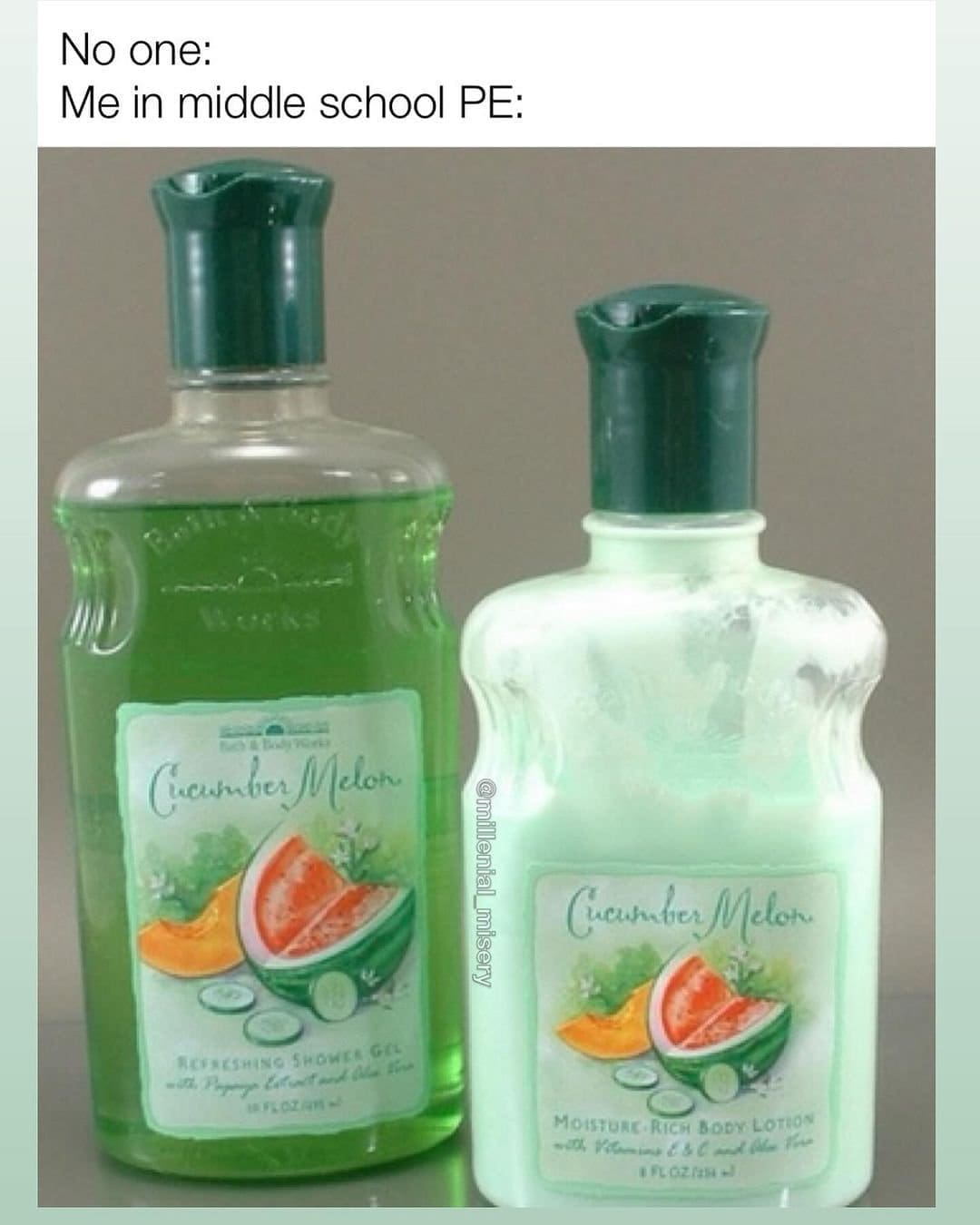 Millennial memes No one: Me in middle school PE: Cucumber Melon.