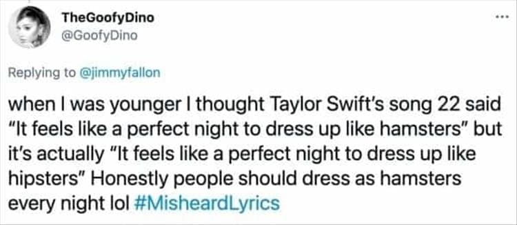 when I was younger I thought Taylor Swift's song 22 said "It feels like a perfect night to dress up like hamsters" but it's actually "It feels like a perfect night to dress up like hipsters" Honestly people should dress as hamsters every night lol