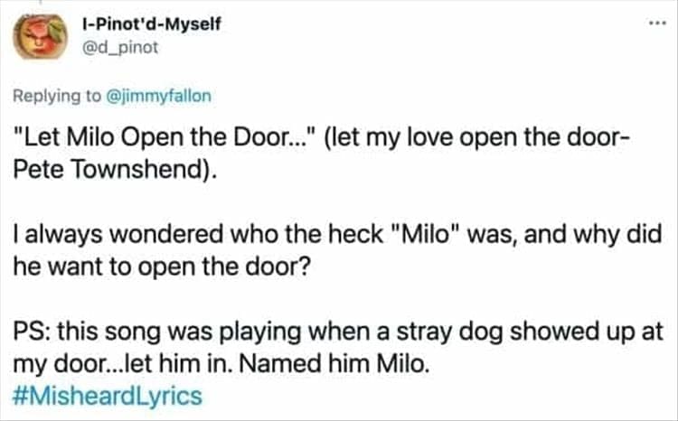"Let Milo Open the Door..." (let my love open the door-Pete Townshend). I always wondered who the heck "Milo" was, and why did he want to open the door? PS: this song was playing when a stray dog showed up at my door...let him in. Named him Milo.