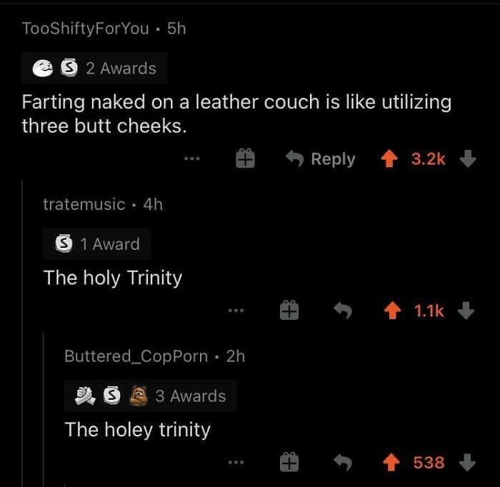 Farting naked on a leather couch is like utilizing three butt cheeks. The holy Trinity The holey trinity