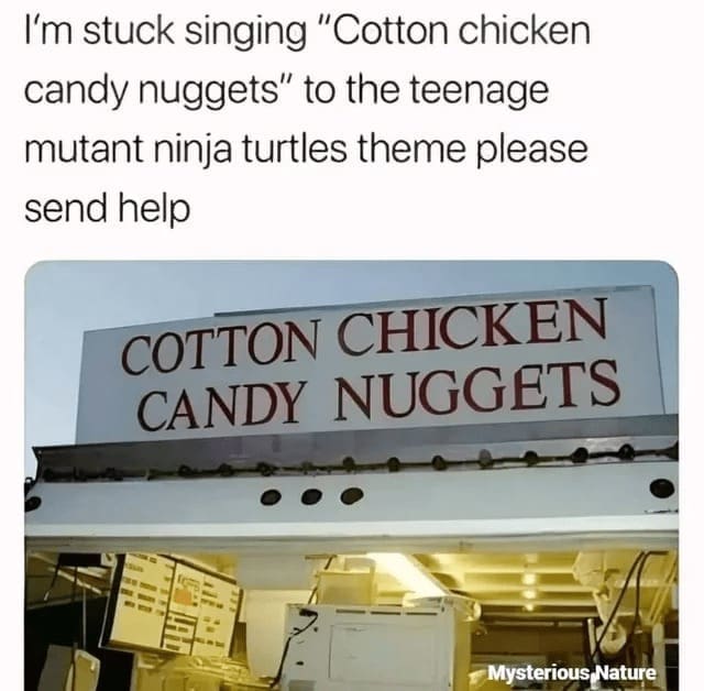 Procrastination Memes I'm stuck singing "Cotton chicken candy nuggets" to the teenage mutant ninja turtles theme please send help COTTON CHICKEN CANDY NUGGETS