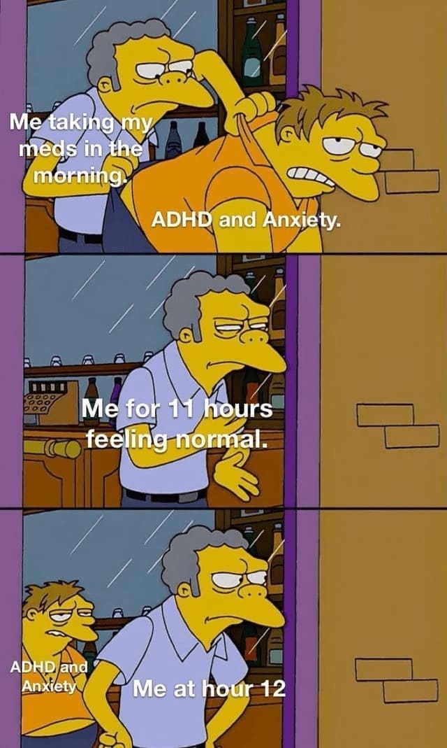 Procrastination Memes Me taking my meds in the morning ADHD and Anxiety. Me for 11 hours feeling normal. ADHD and Anxiety Me at hour 12