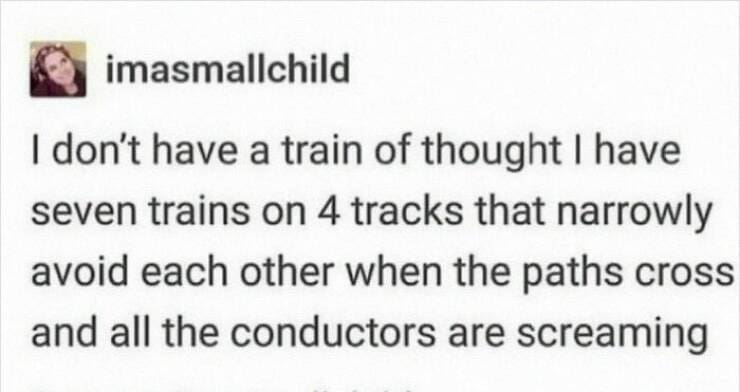 Serotonin memes I don't have a train of thought I have seven trains on 4 tracks that narrowly avoid each other when the paths cross and all the conductors are screaming