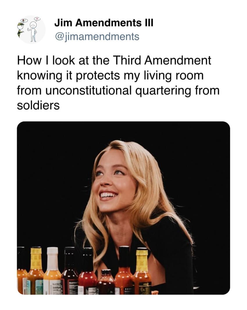 Sydney Sweeney hot ones memes How I look at the Third Amendment knowing it protects my living room from unconstitutional quartering from soldiers