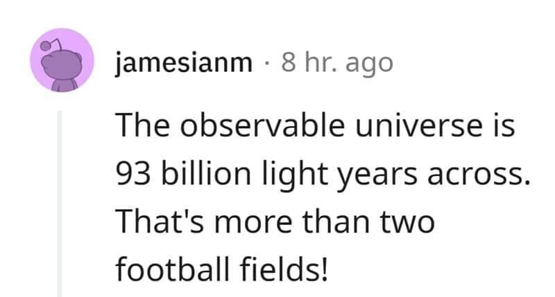 Technically True Jokes The observable universe is 93 billion light years across. That's more than two football fields!