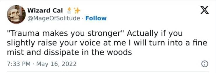 Anxiety memes "Trauma makes you stronger" Actually if you slightly raise your voice at me I will turn into a fine mist and dissipate in the woods