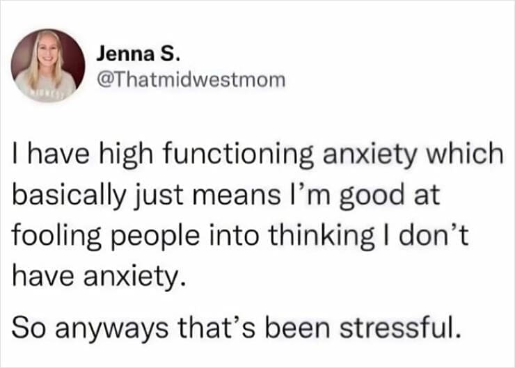Anxiety memes I have high functioning anxiety which basically just means I'm good at fooling people into thinking I don't have anxiety. So anyways that's been stressful.