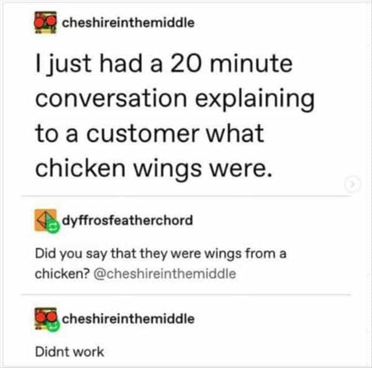 Bad Customers I just had a 20 minute conversation explaining to a customer what chicken wings were.