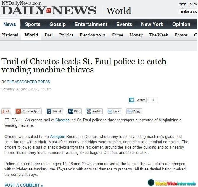 Cheeto Meme Trail of Cheetos leads St. Paul police to catch vending machine thieves