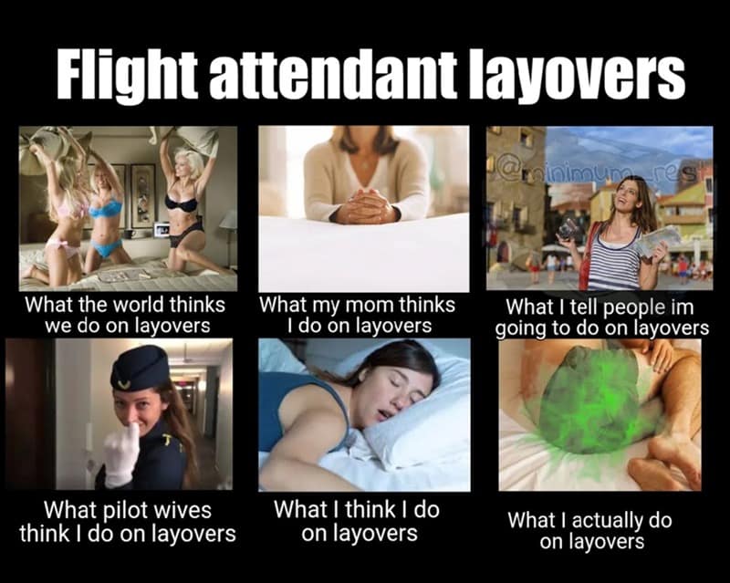 Flight attendant layovers แกกกun What the world thinks we do on layovers What my mom thinks I do on layovers What I tell people im going to do on layovers What pilot wives think I do on layovers What I think I do on layovers What I actually do on layovers