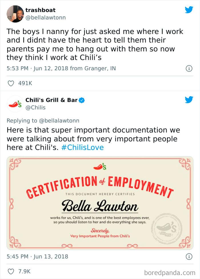 The boys I nanny for just asked me where I work and I didnt have the heart to tell them their parents pay me to hang out with them so now they think I work at Chili's