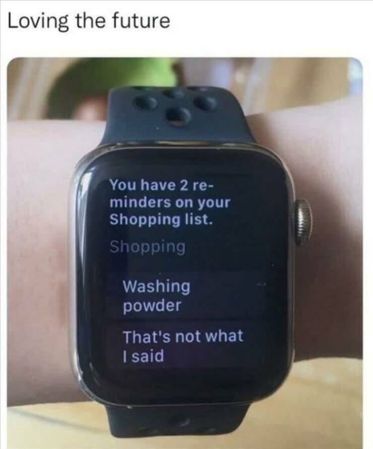 funny memes Loving the future You have 2 reminders on your Shopping list. Shopping Washing powder That's not what I said Apple Watch