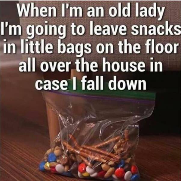 funny memes When I'm an old lady I'm going to leave snacks in little bags on the floor all over the house in case I fall down